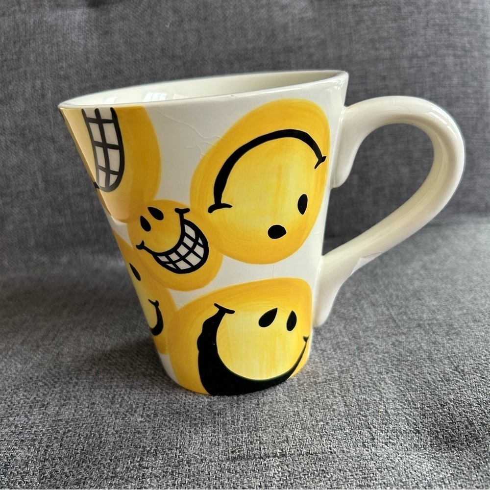 Smiley Face Emoji Covered Coffee Mug, Yellow, White, 15 oz - Picture 13 of 14